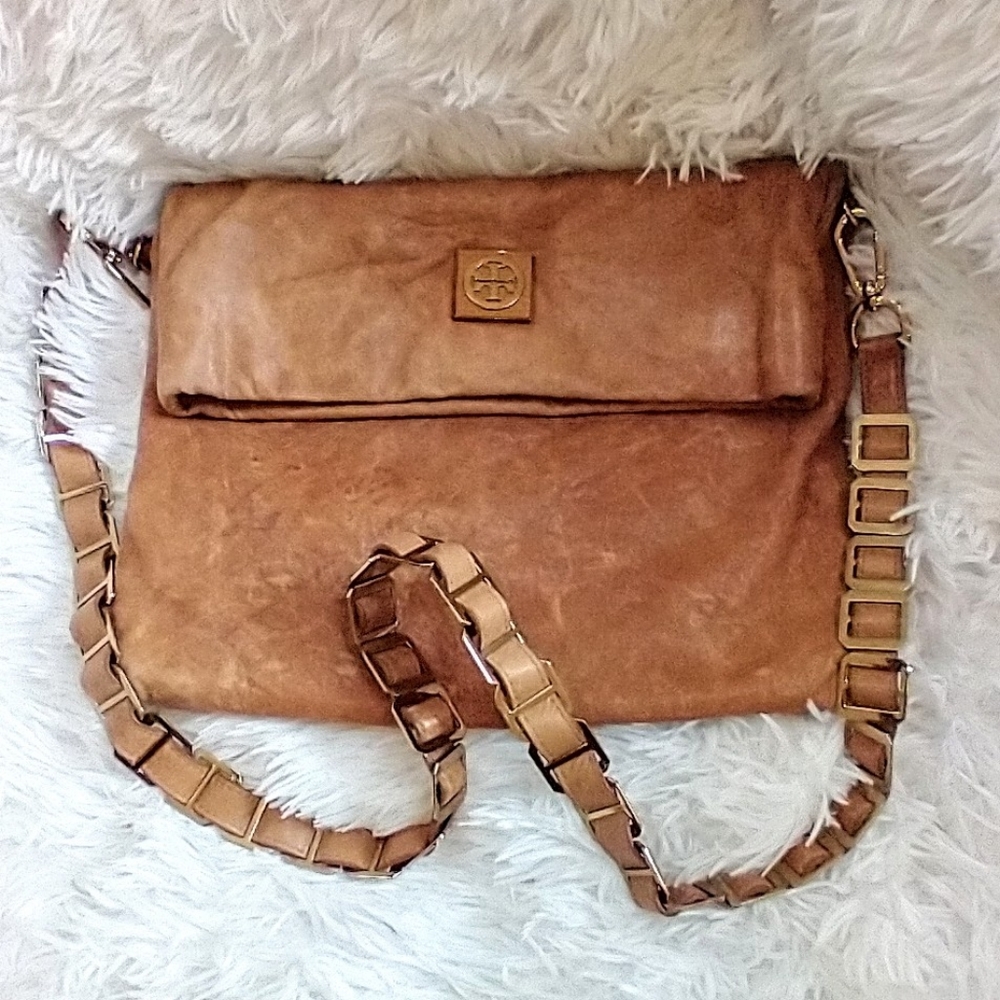 Tory Burch Cognac Supple Tan Leather Convertible Clutch / Shoulder Bag.